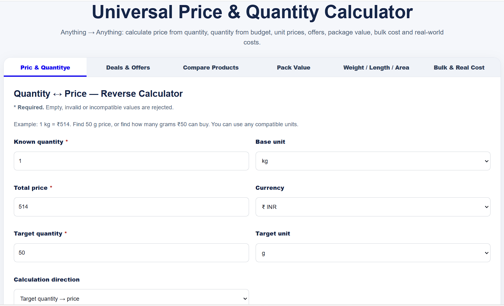 Daily Price and Quantity Calculator online interface